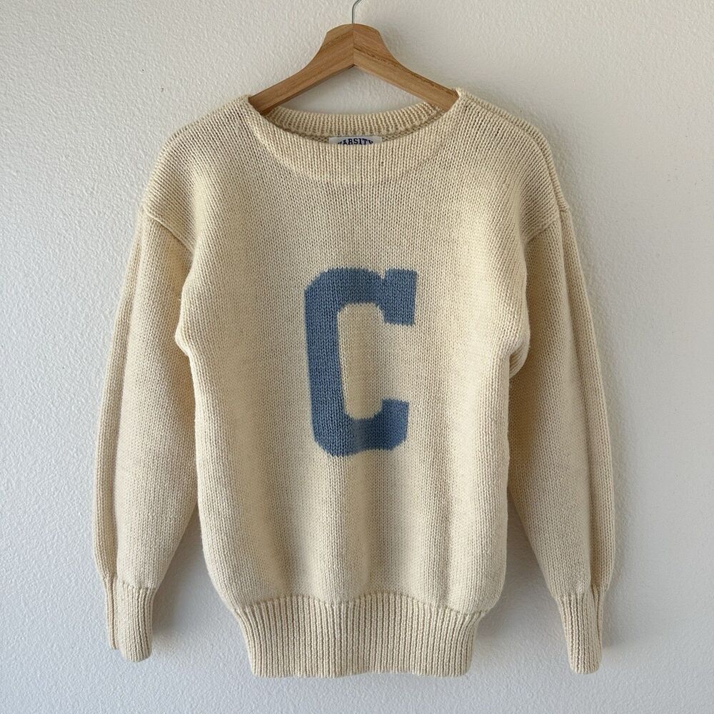Vintage Letterman Varsity C Knit Sweater 100% Wool Ivory Cream Medium